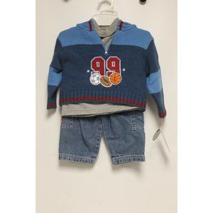 New Nannette Boyz 3pc Outfit Sports 12M Blue Sweater Hoodie Gray Shirt Jeans